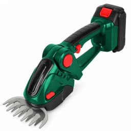 Cisaille électrique verte et noire avec sa lame à gazon sur fond blanc