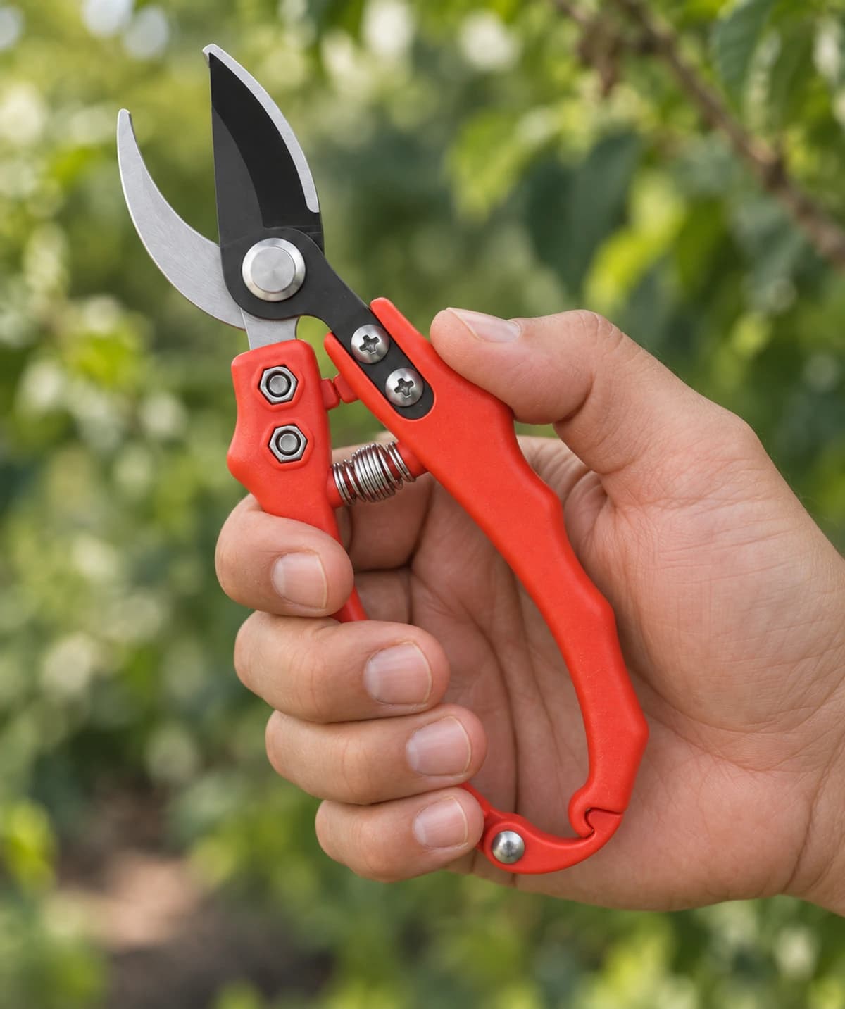 Cisaille de greffage tenue en main devant un feuillage de jardin