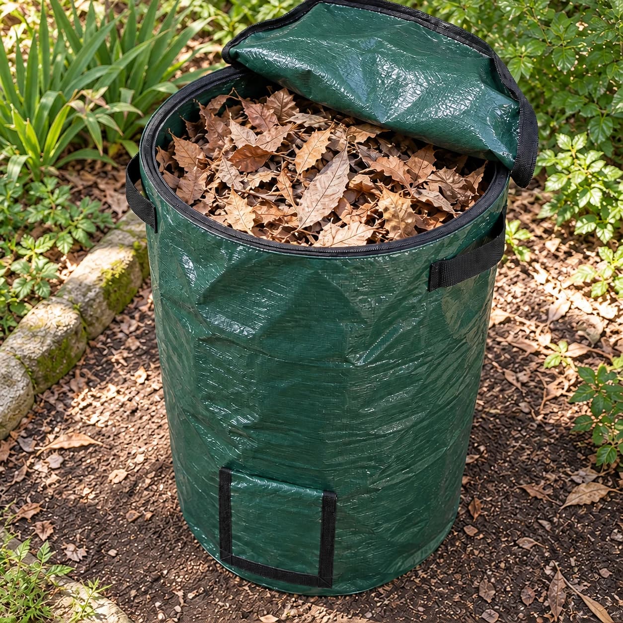 Sac de compostage rempli de feuilles