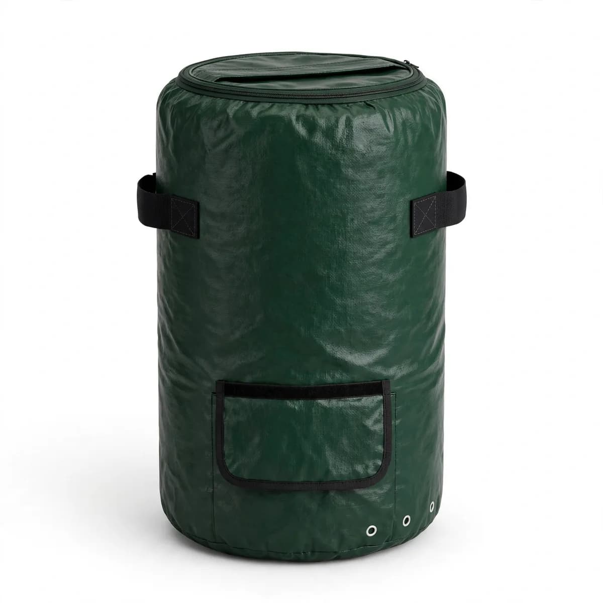 Composteur de jardin souple cylindrique en toile verte, couvercle fermé par une fermeture à glissière
