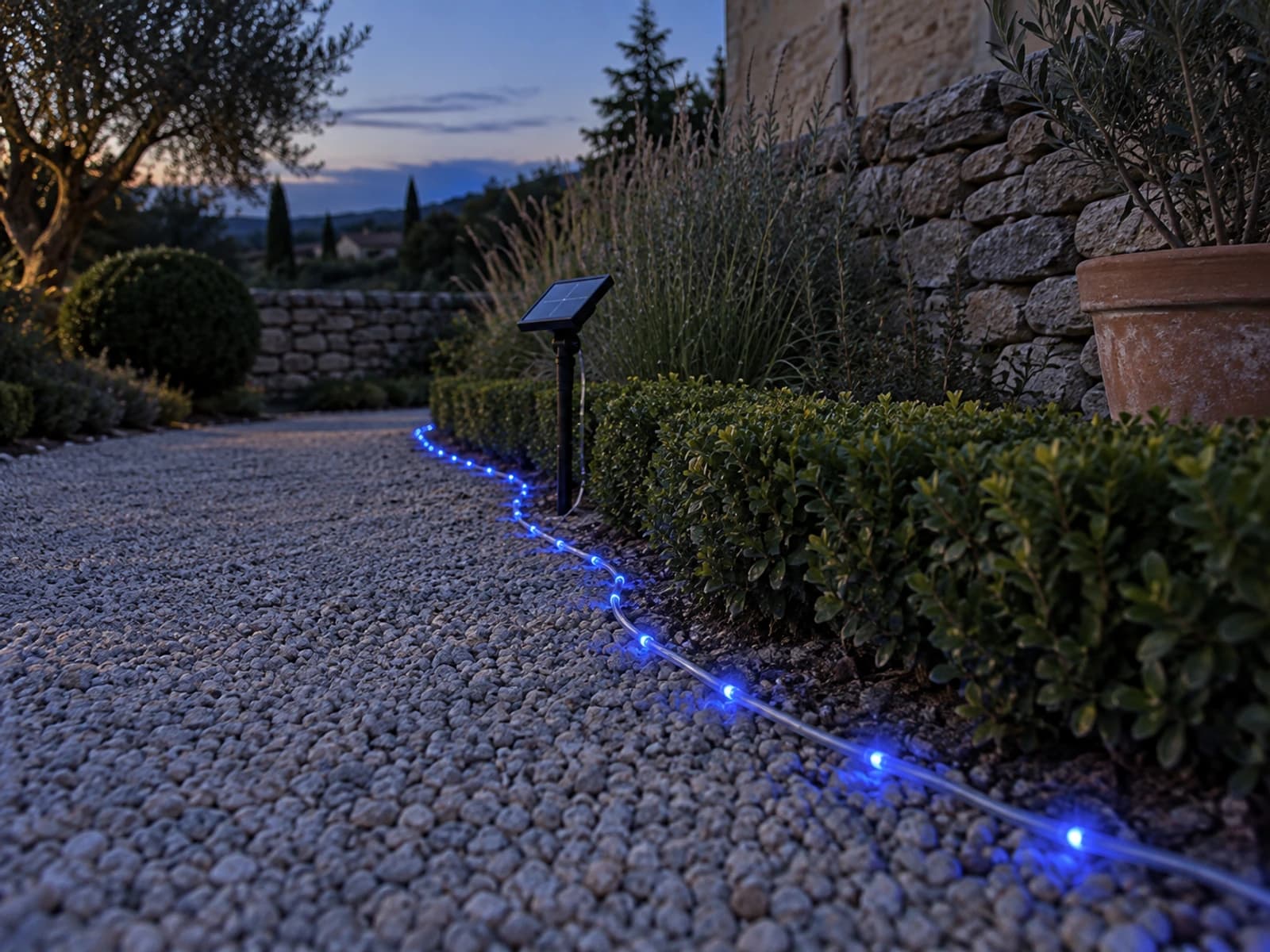 Corde lumineuse solaire bleue posée au sol le long d’une allée de gravier au crépuscule