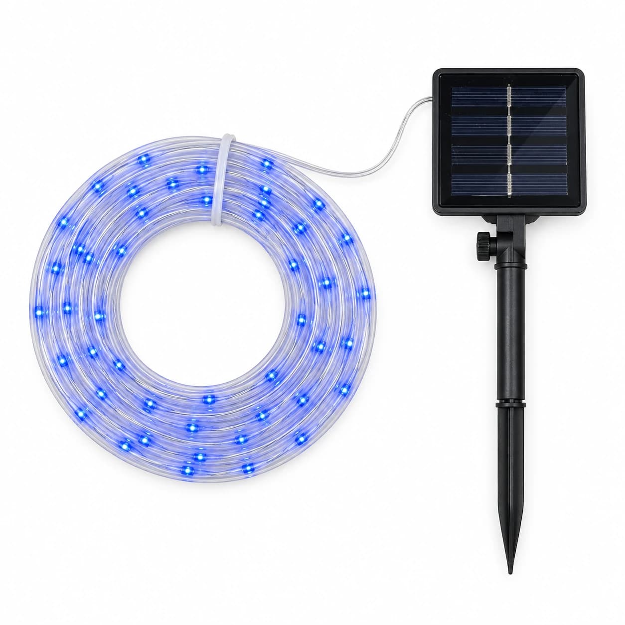 Contenu du colis : la corde bleue de 7 m et le panneau solaire sur son piquet