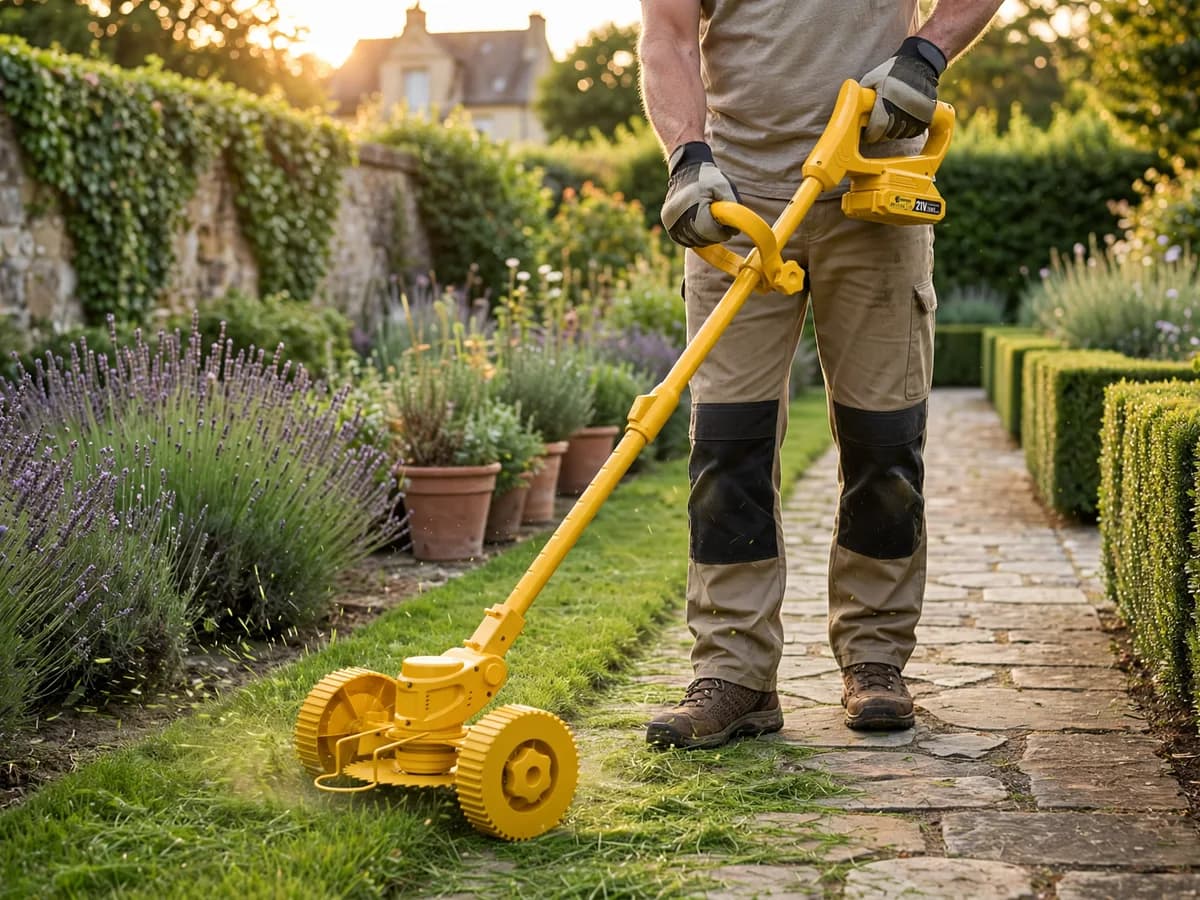 Jardinier dressant le bord d'une allée avec le coupe bordure compact