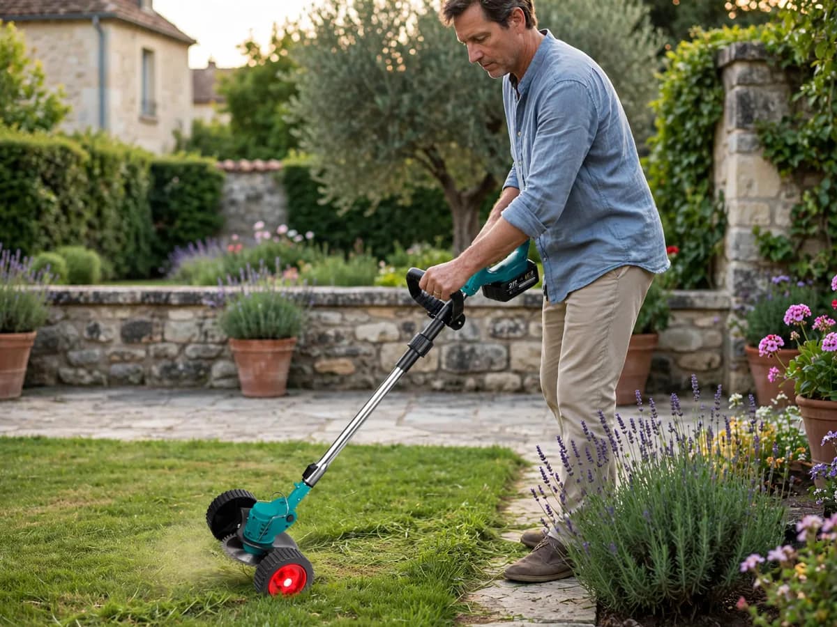 Coupe bordure en cours d'utilisation au pied d'un mur de jardin