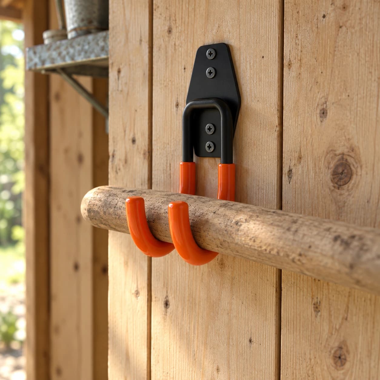 Crochets muraux renforcés pour outils de jardin, en usage