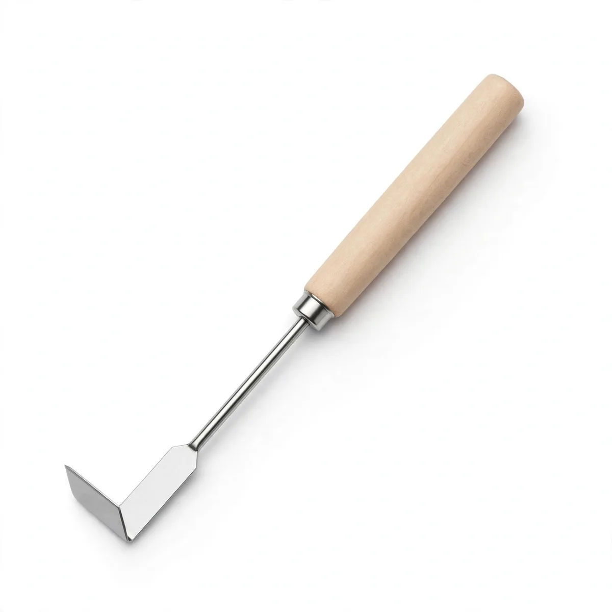 Couteau désherbeur entier posé en diagonale sur fond blanc, manche bois et lame acier