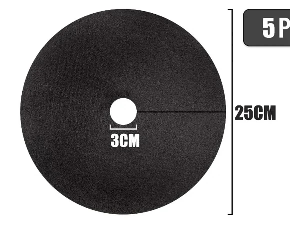 Planche de cotes sur fond clair : disque vu de dessus, 25 cm de diamètre et trou central de 3 cm