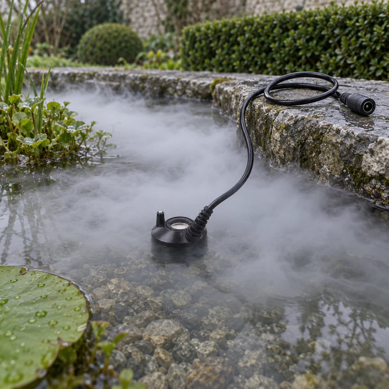 Le galet posé dans un bassin de pierre moussue, sous une nappe de brume blanche