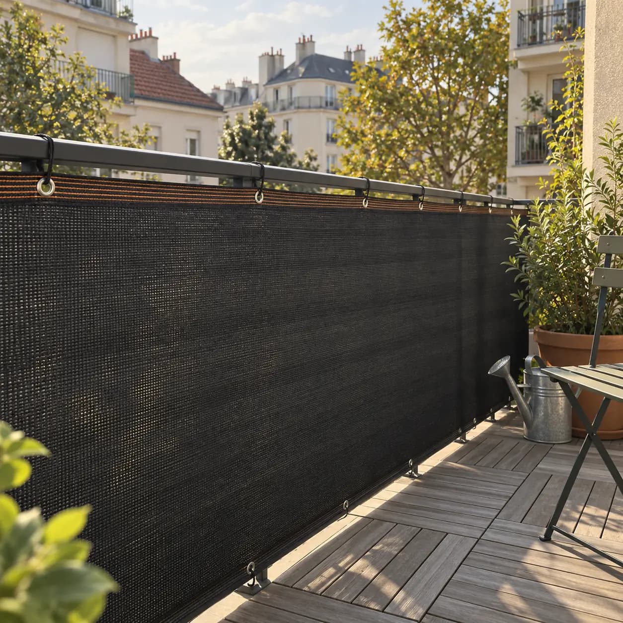 Toile d'occultation noire tendue sur le garde-corps d'un balcon, œillets visibles sur la lisière
