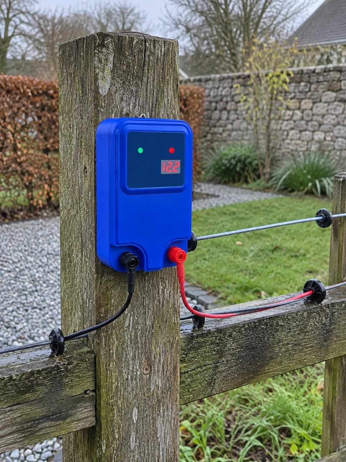 L'électrificateur fixé sur un poteau de clôture en bois, ses cordons reliés au fil du jardin