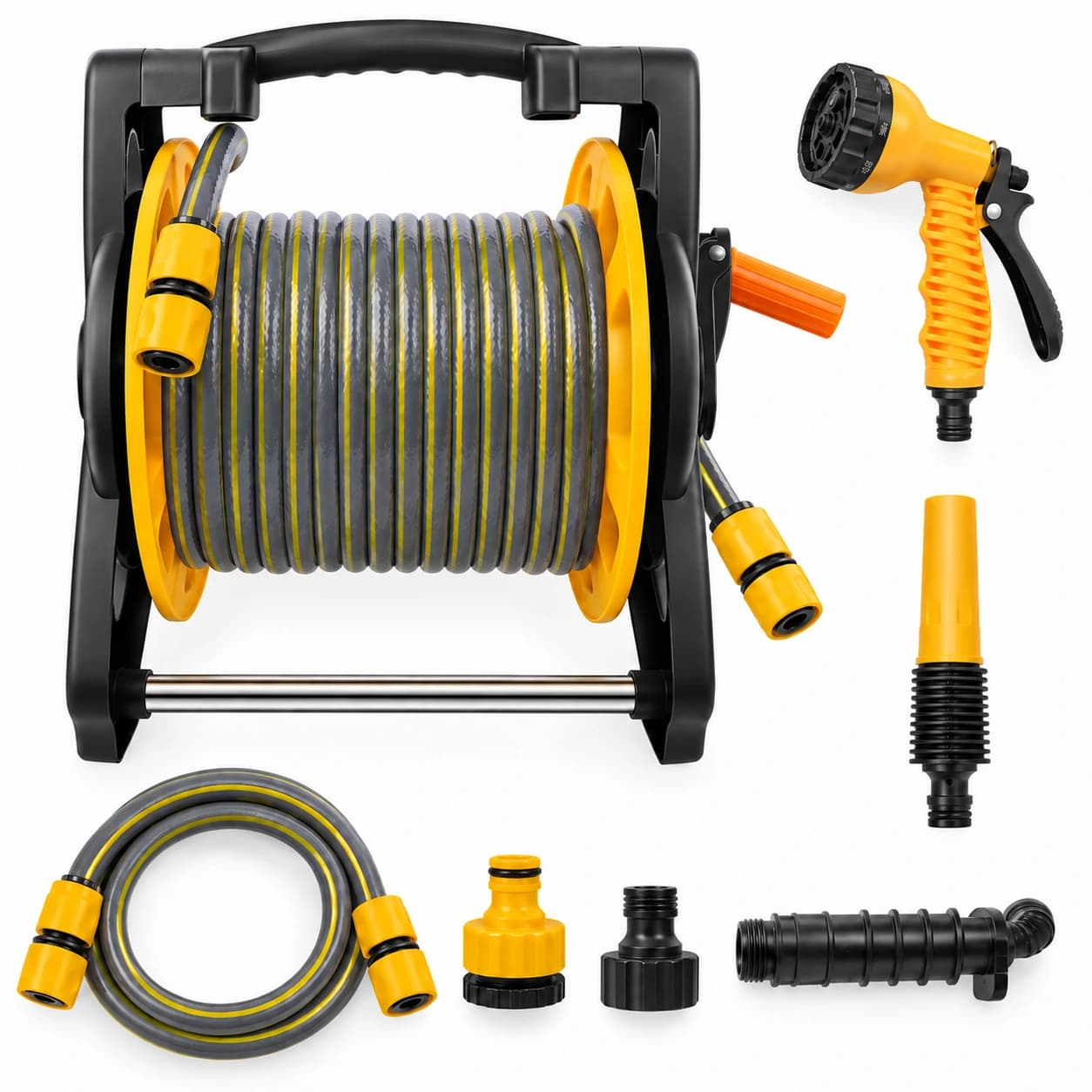 Contenu du pack : enrouleur, tuyaux, pistolet, lance et raccords