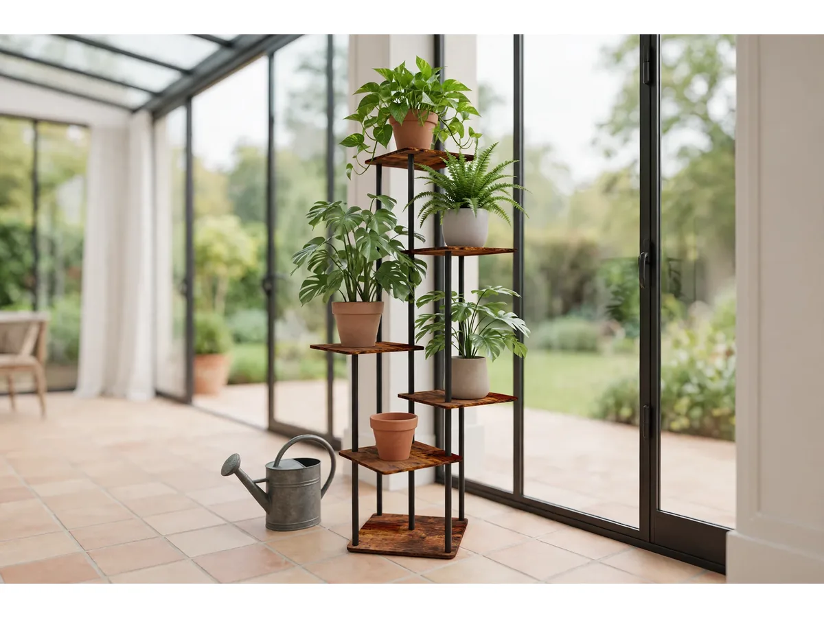 Étagère à plantes installée dans une véranda vitrée, carrelage terre cuite et arrosoir en zinc posé au sol