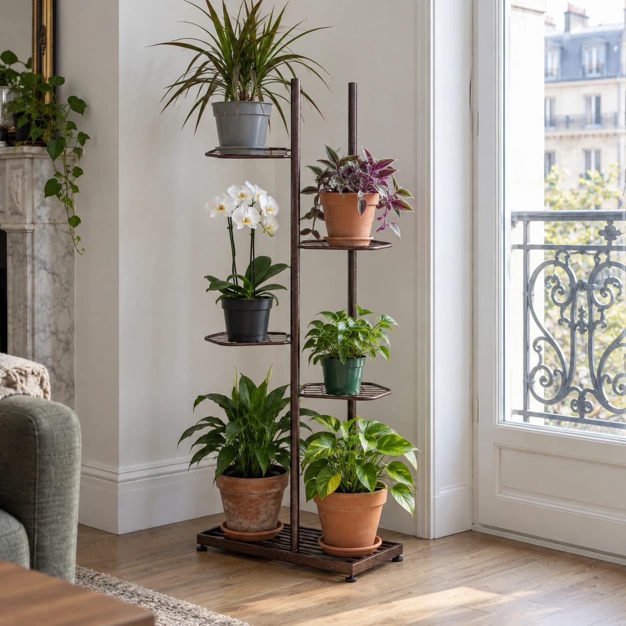 Colonne à plantes cinq niveaux garnie de six pots de fleurs dans un salon français lumineux devant un balcon