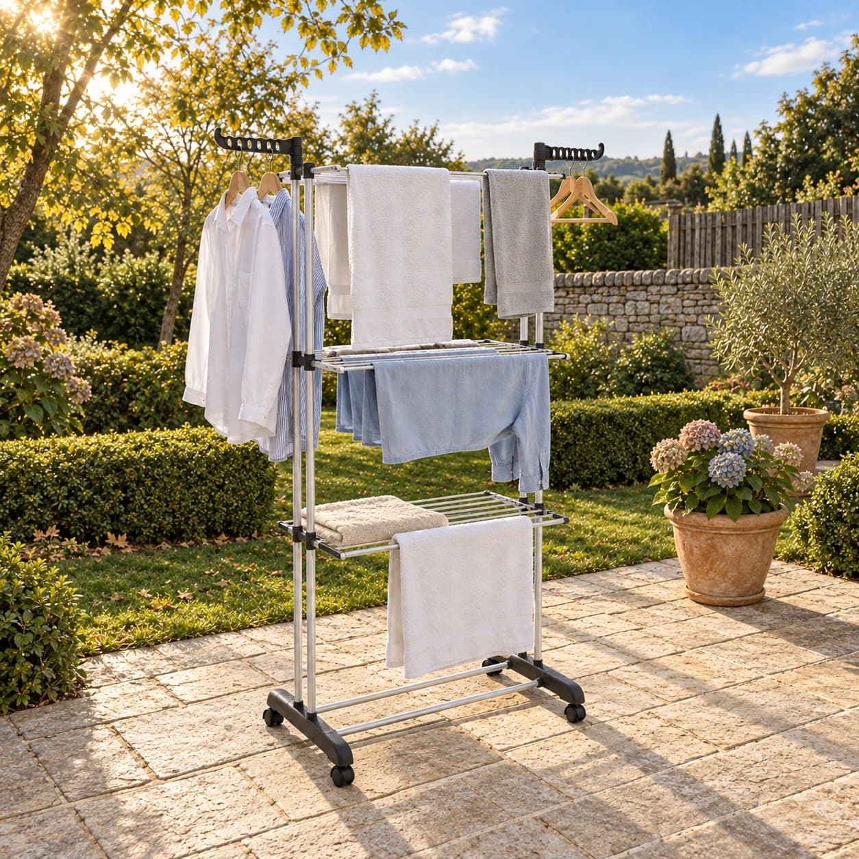 Étendoir trois étages installé sur une terrasse, linge clair posé sur les claies