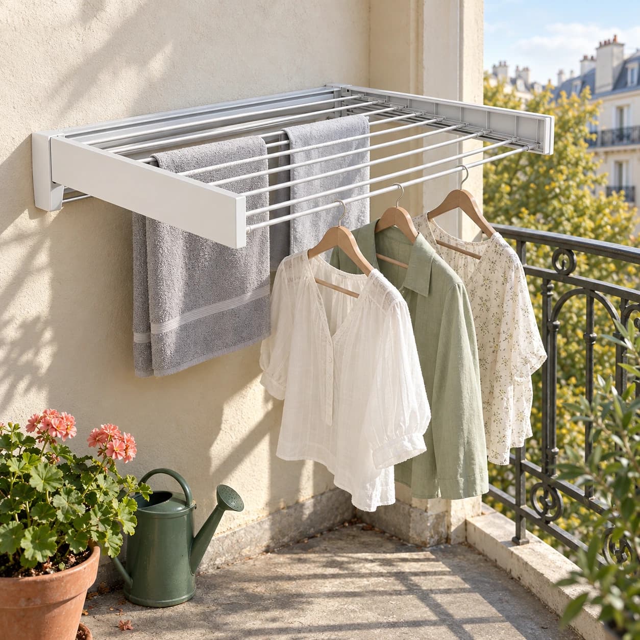 Étendoir mural en aluminium déployé sur un balcon, linge clair suspendu aux barres
