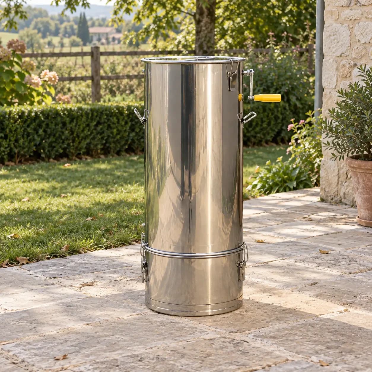 Extracteur de miel 2 cadres posé sur une terrasse en pierre, cuve ouverte dans un jardin français