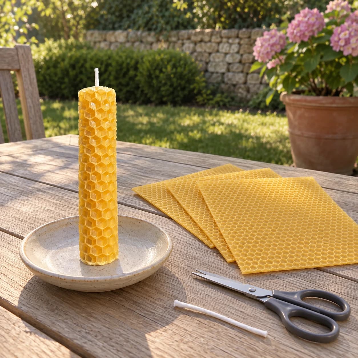 Bougie en cire gaufrée roulée à la main, debout sur une coupelle, feuilles et ciseaux sur la table de jardin