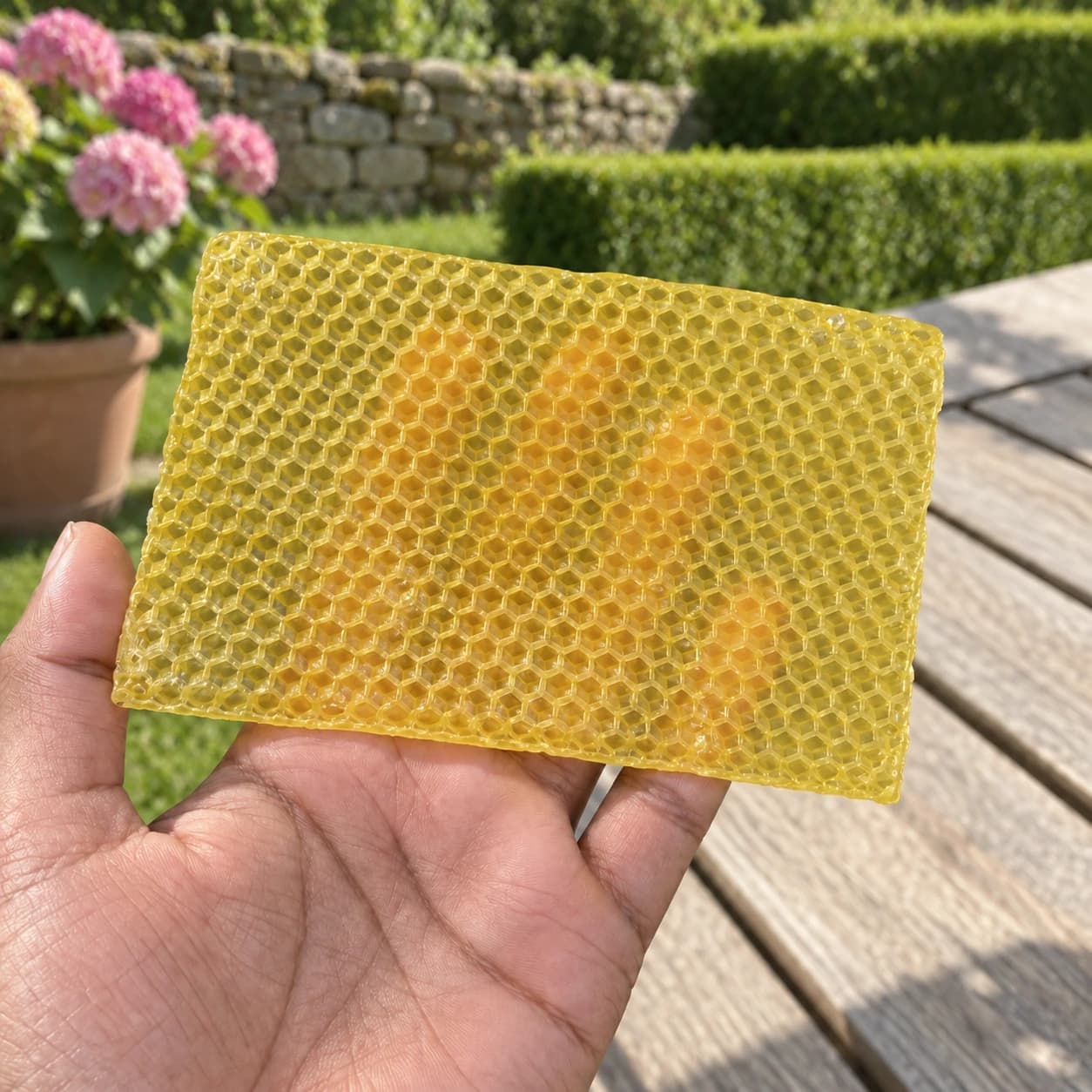 Une feuille de cire gaufrée tenue à plat dans la main, échelle et transparence de la cire