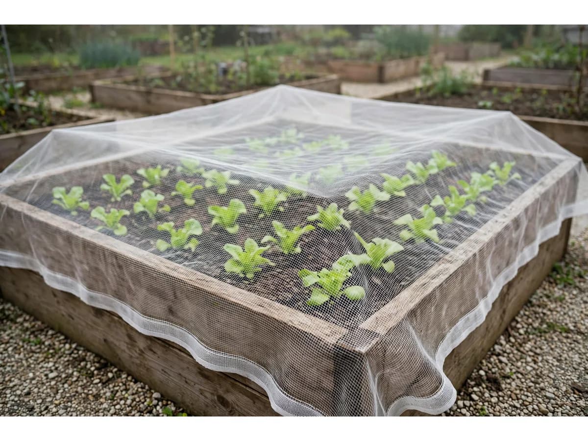 Carré potager en bois planté de jeunes salades, recouvert d'un pan de filet posé à plat