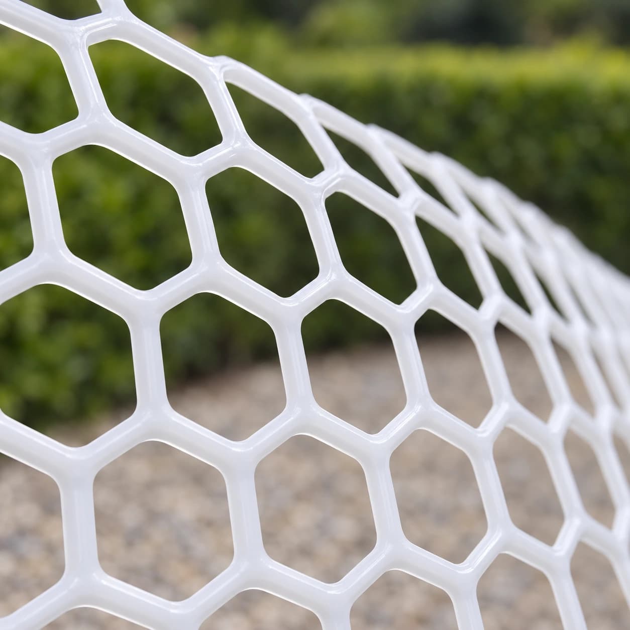 Gros plan de la maille hexagonale blanche aux brins plastiques satinés soudés