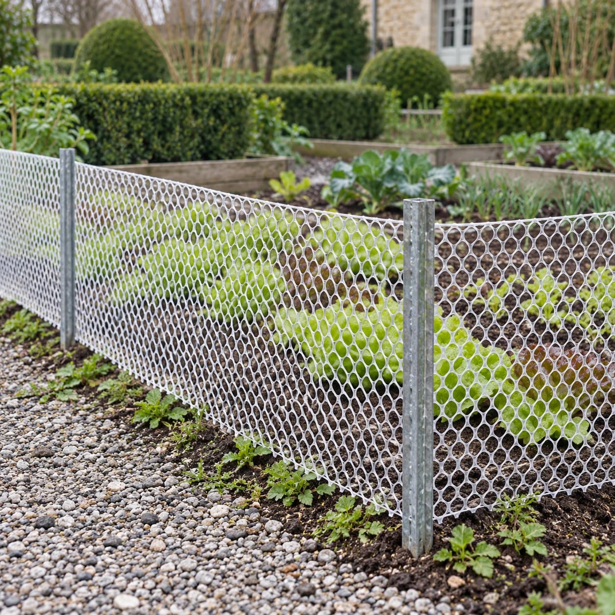 Filet blanc dressé entre des piquets en T autour d'un carré de potager