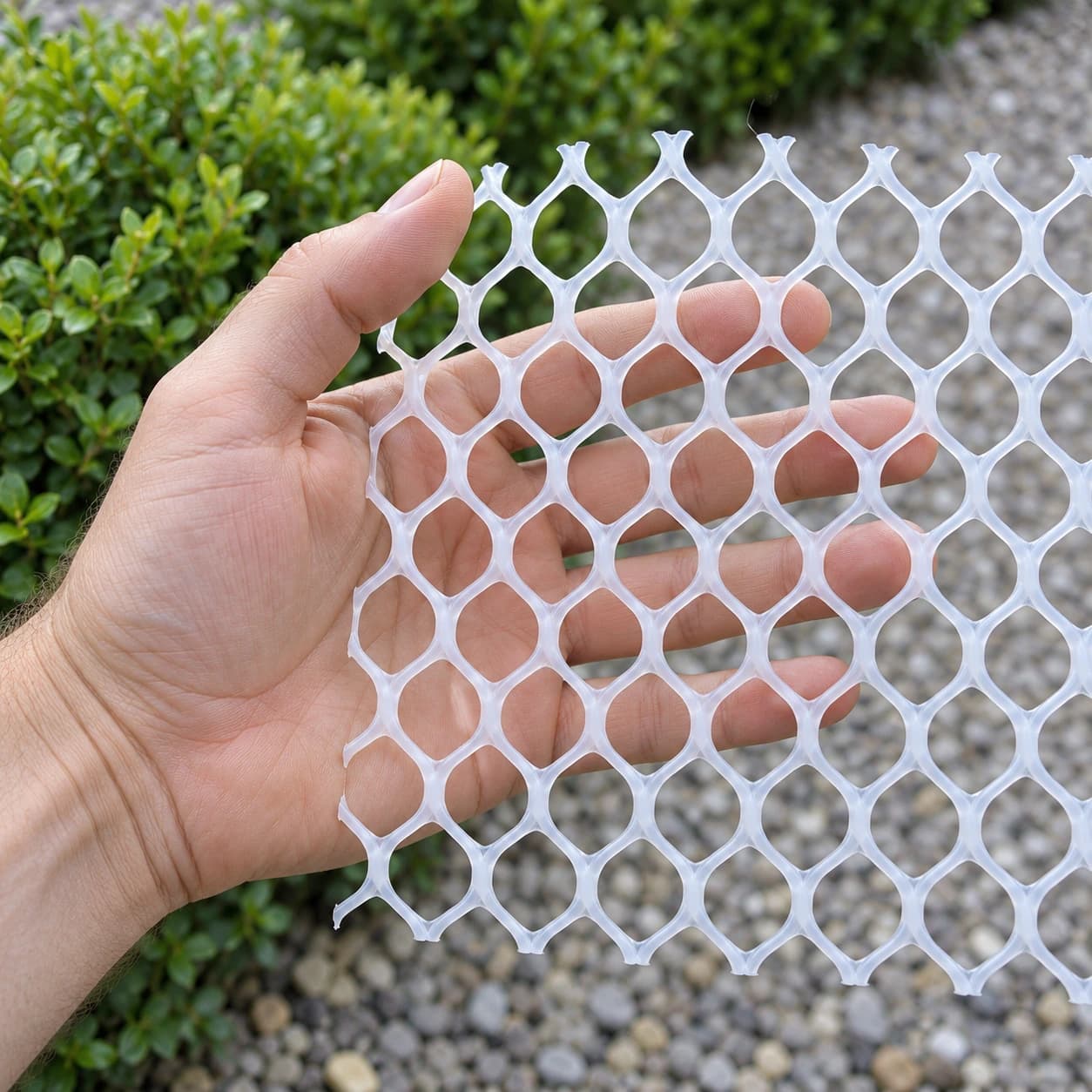 Main tenant un pan de filet blanc translucide pour en montrer l'échelle