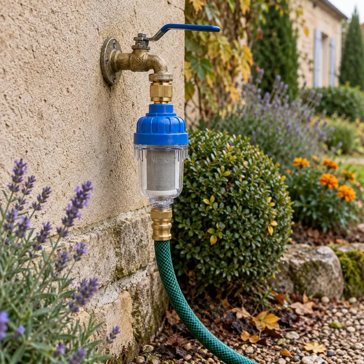 Préfiltre monté sur un robinet de jardin, tuyau d'arrosage raccordé en sortie