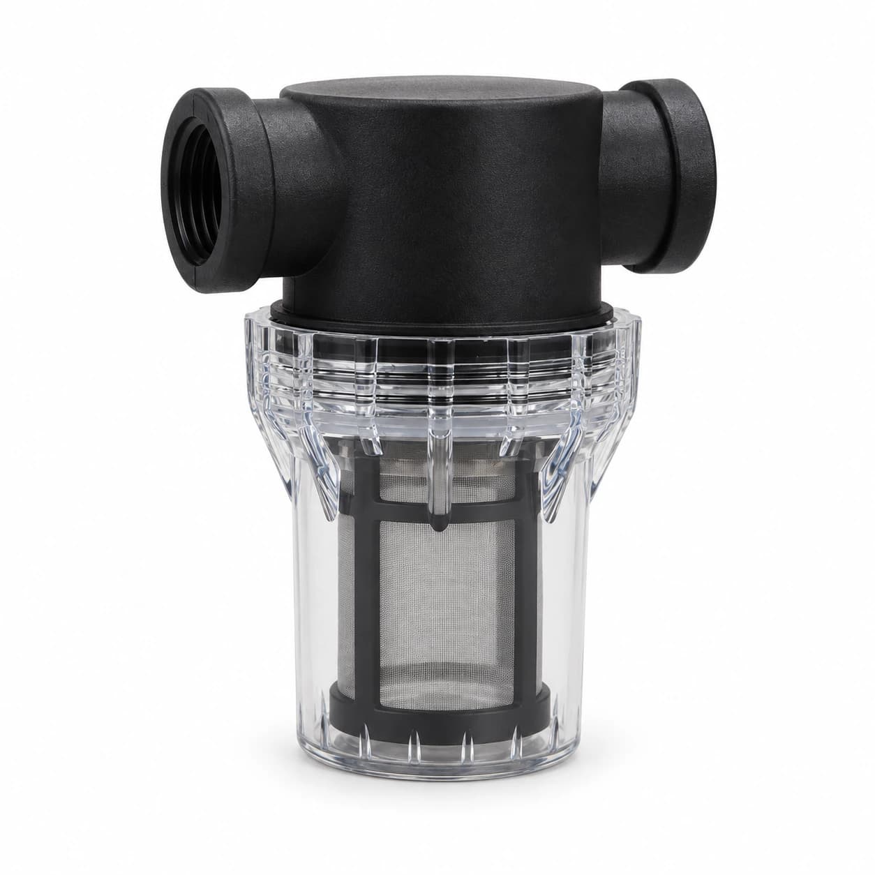 Préfiltre d'arrosage à corps noir et bocal transparent, filetage femelle 3/4 de pouce des deux côtés