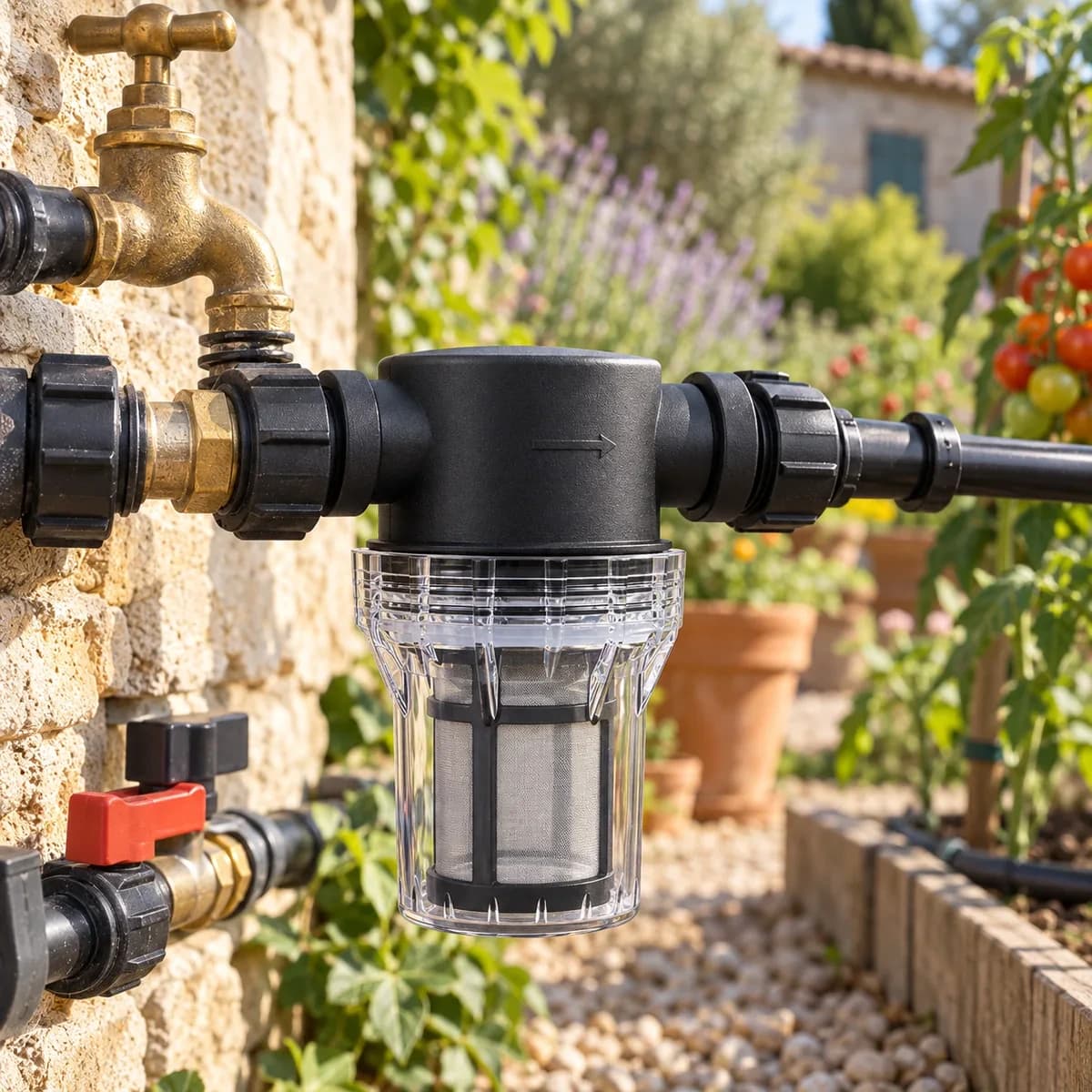 Filetage femelle 3/4 de pouce et flèche de sens moulée sur le corps du préfiltre