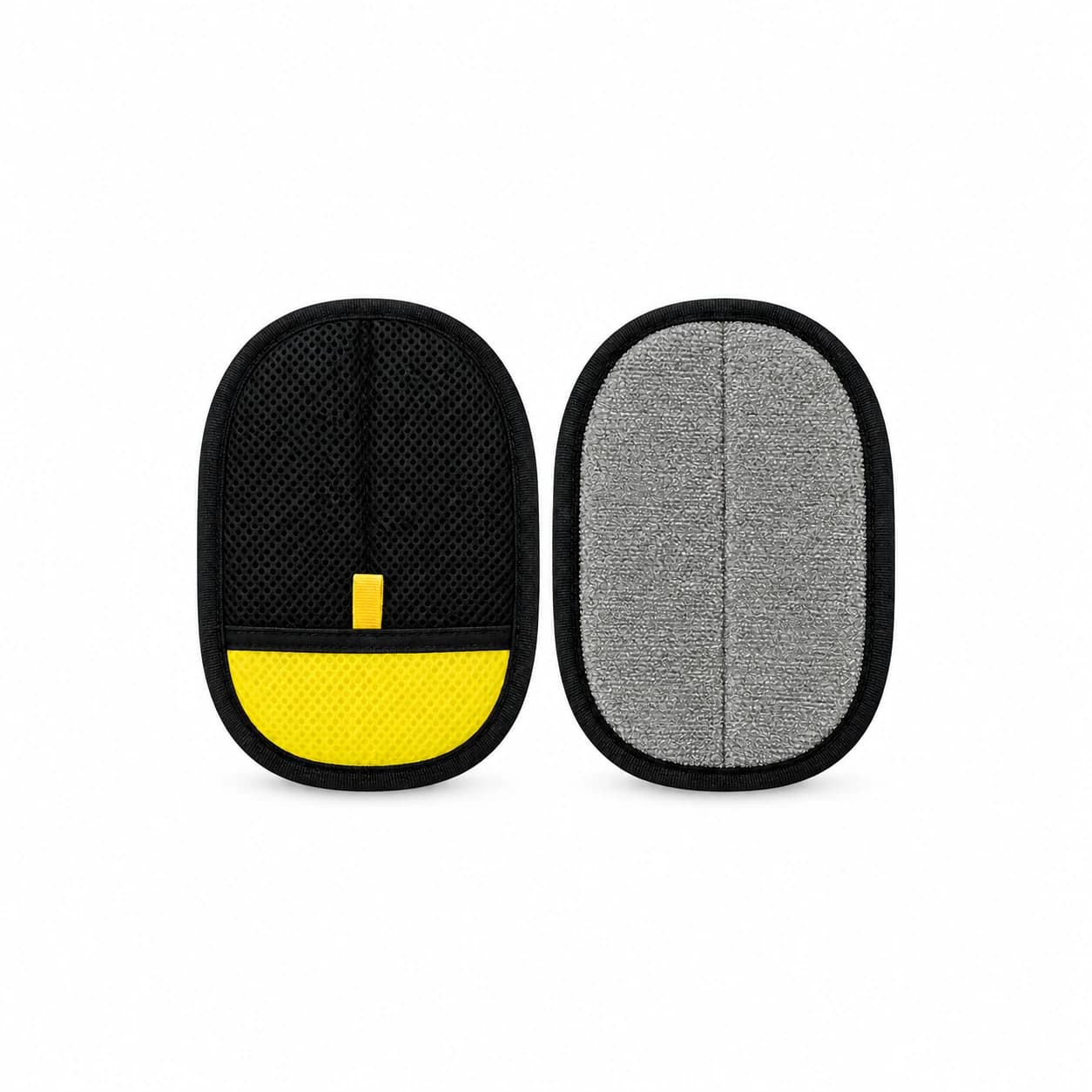 Paire de gants de toilettage pour chat, noirs à bande jaune, posés à plat sur fond blanc
