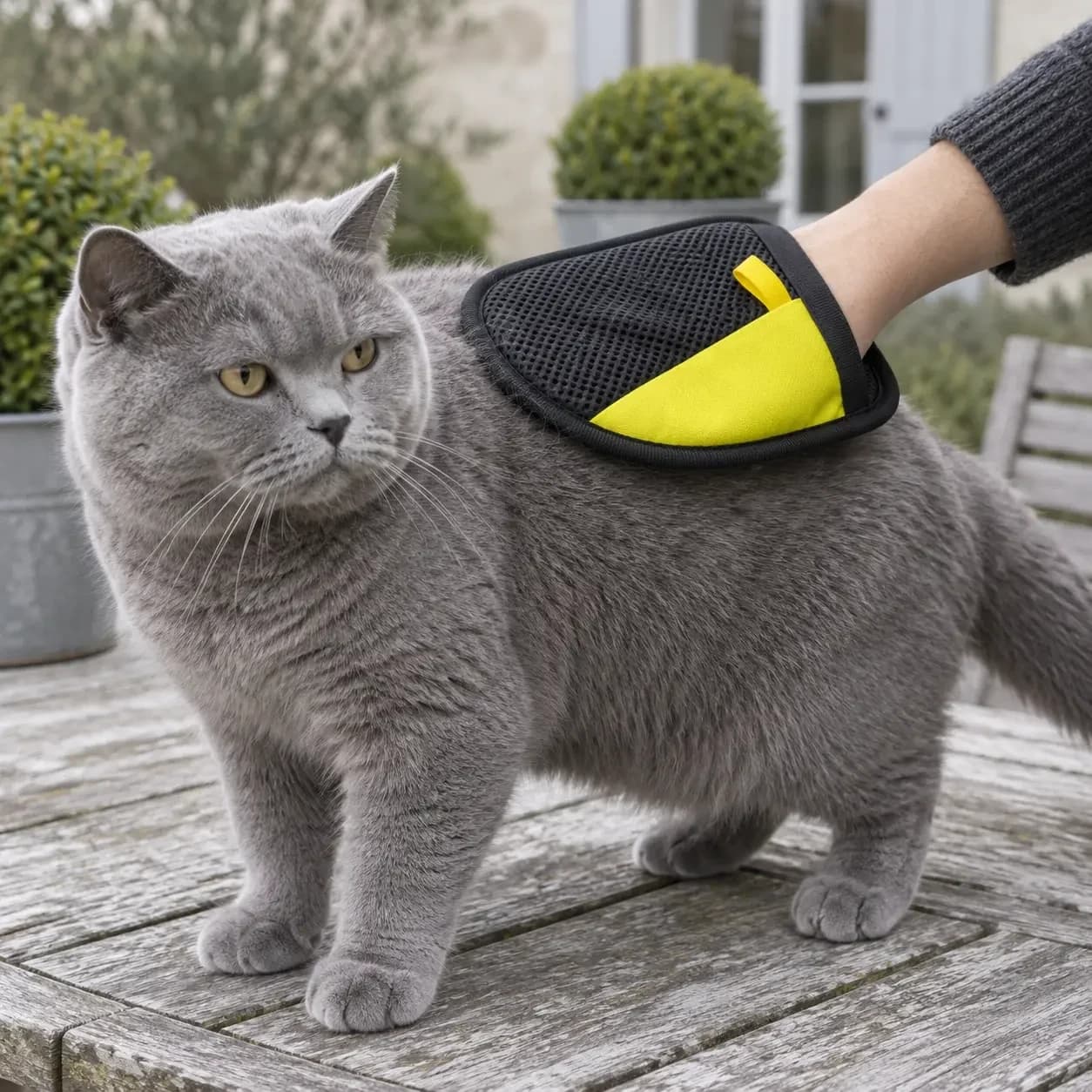 Main gantée caressant le dos d'un chat gris dans le sens du poil, sur une terrasse