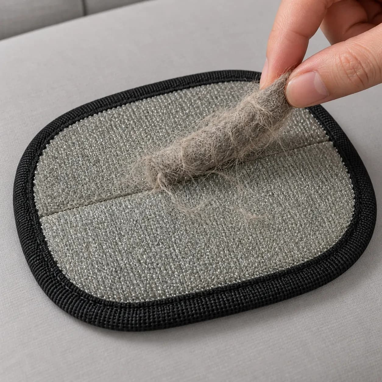 Tube de poils décollé d'un bloc de la face du gant, au-dessus d'un coussin de canapé