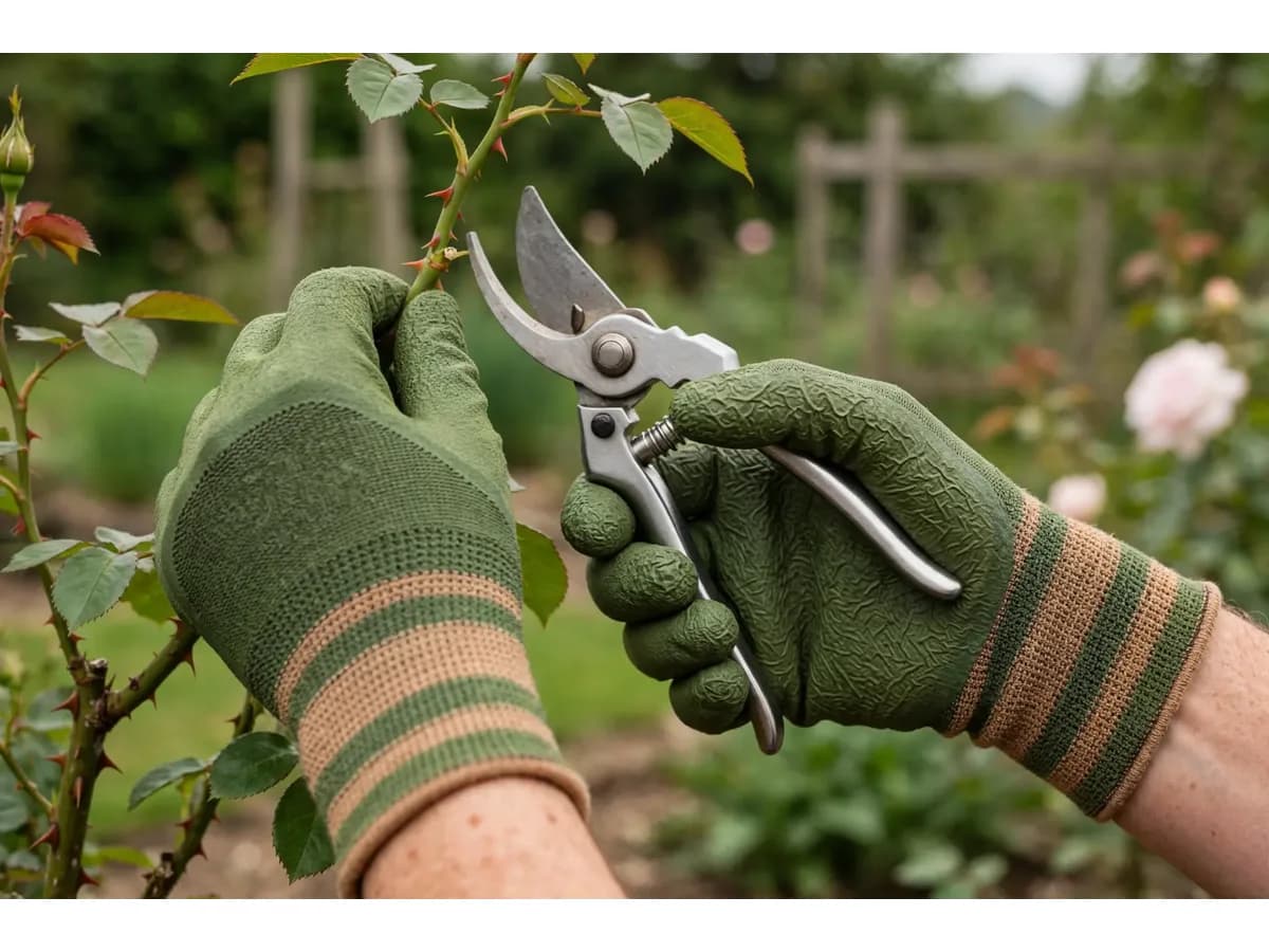 Mains gantées taillant un rosier au sécateur, paume enduite et dos tricoté visibles