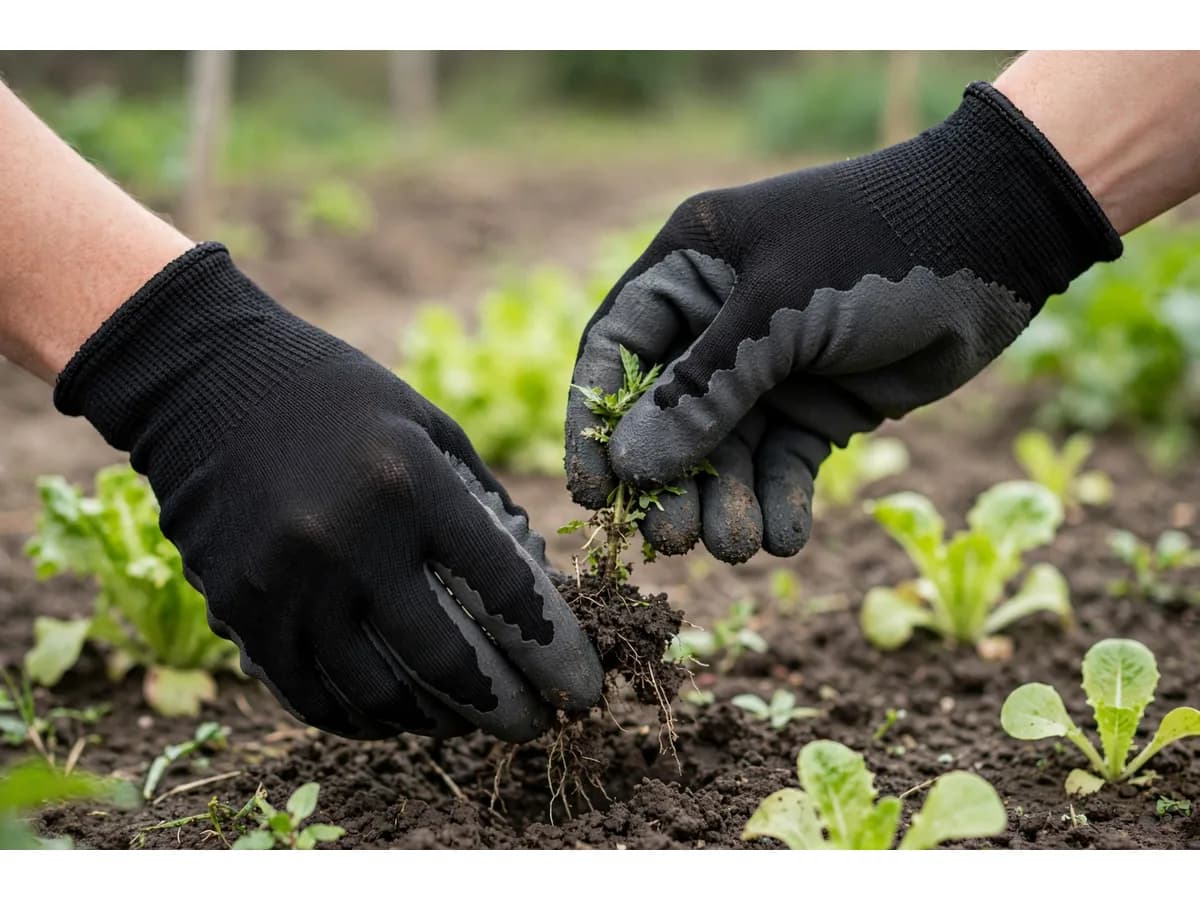 Deux mains gantées arrachant une herbe entre deux rangs de jeunes laitues, terre accrochée aux doigts