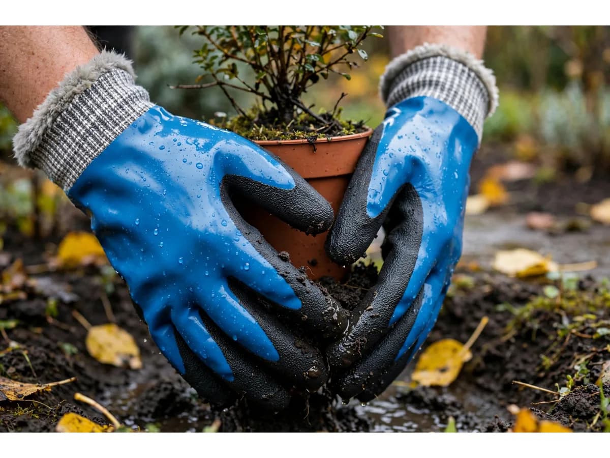 Rempotage sous la pluie d'automne, gouttes perlées sur le bleu et terre accrochée au grain noir