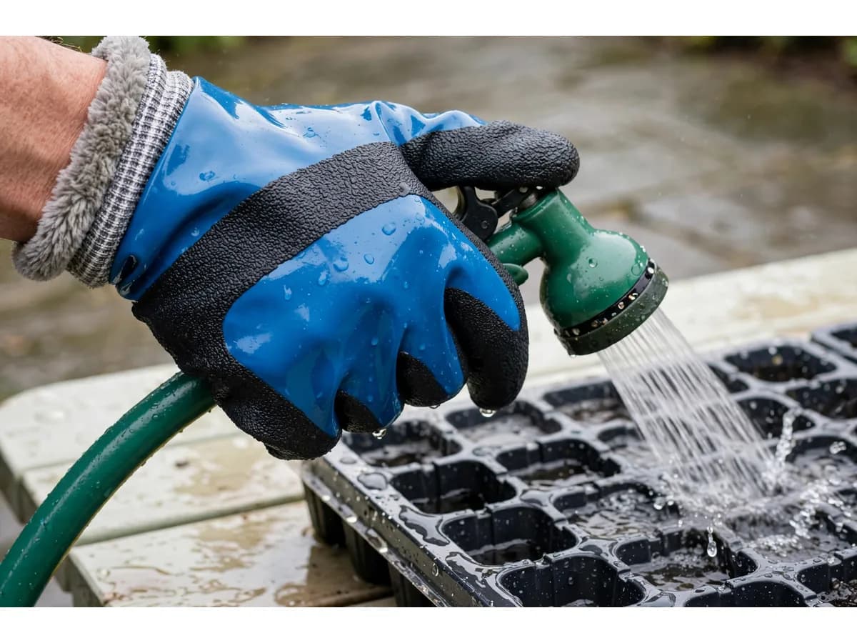 Rinçage d'un plateau de semis à la lance, l'eau ruisselant sur les gants sans les pénétrer