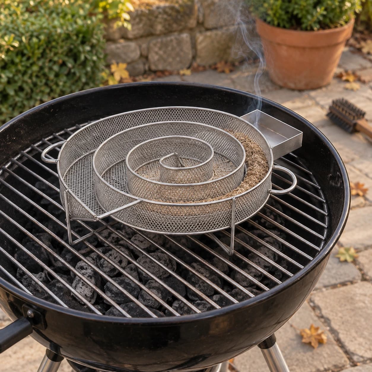 Le générateur chargé de sciure posé sur la grille d'un barbecue ouvert