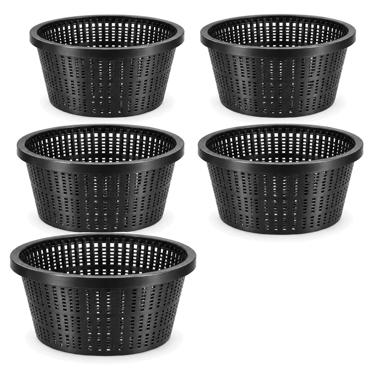 Lot de cinq grands paniers hydroponiques noirs en maille, posés séparément sur fond blanc