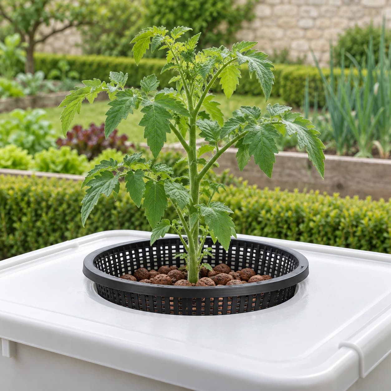 Grand panier en maille noire suspendu par son col dans un bac hors sol, jeune plant de tomate