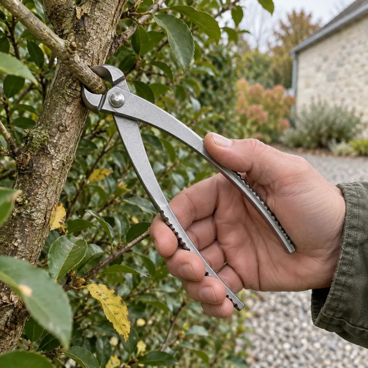 Le sécateur tenu à une main coupe un rameau au ras du tronc d'un arbuste, dans un jardin