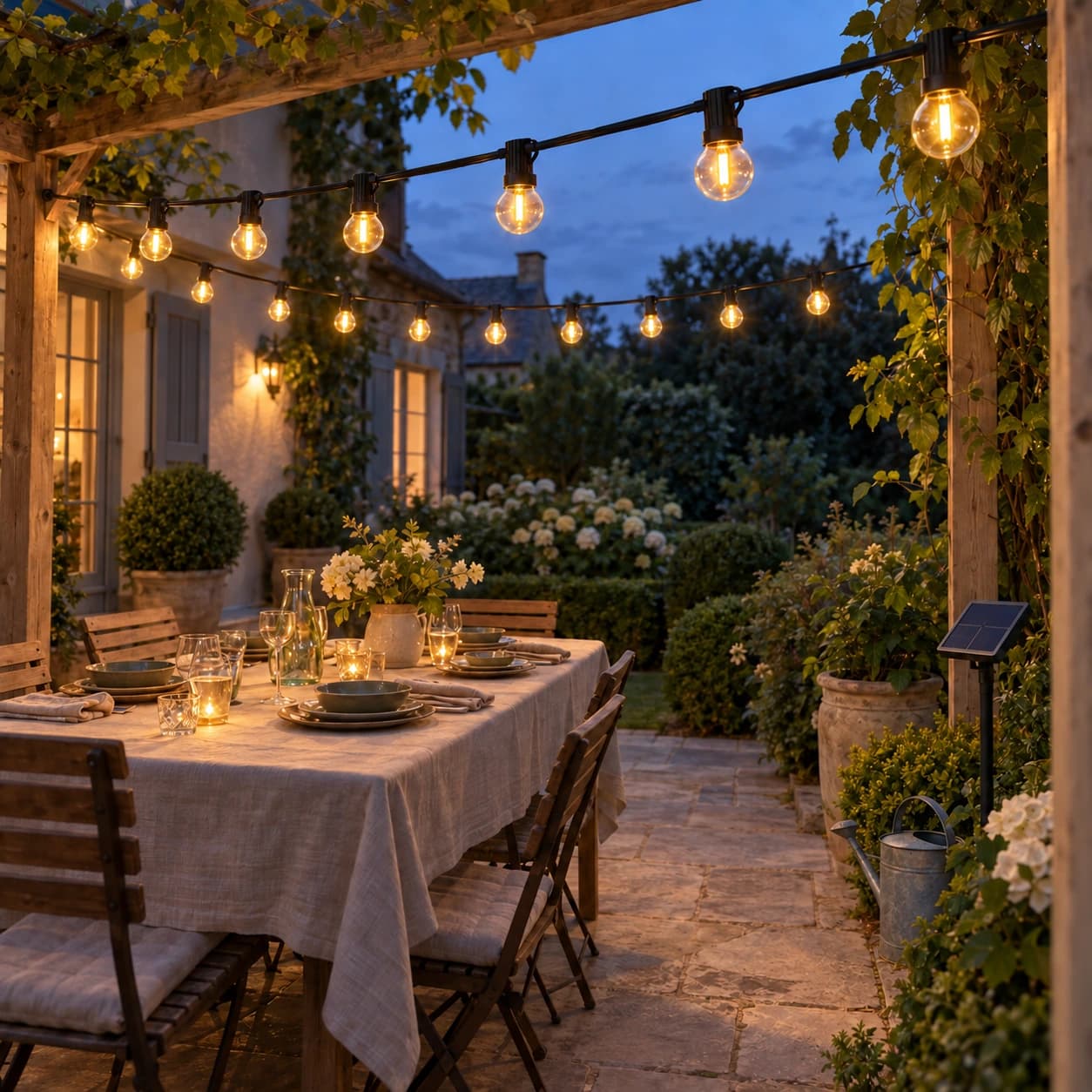 Deux festons de gros globes tendus au-dessus d'une table dressée sur une terrasse en pierre, à l'heure bleue