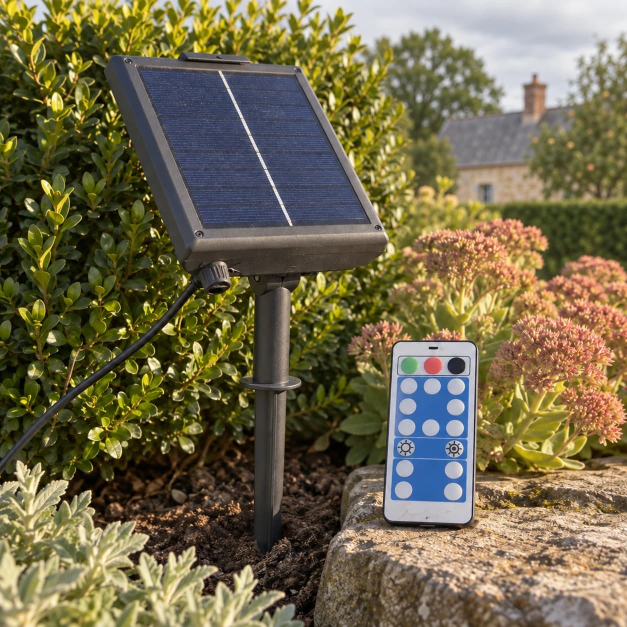 Panneau solaire incliné sur son piquet dans une bordure, télécommande bleue et blanche posée sur une pierre