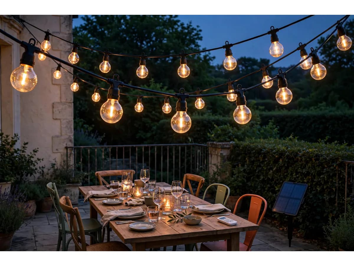 Deux festons de globes tendus au-dessus d'une table dressée devant une maison en pierre à l'heure bleue, panneau planté à droite