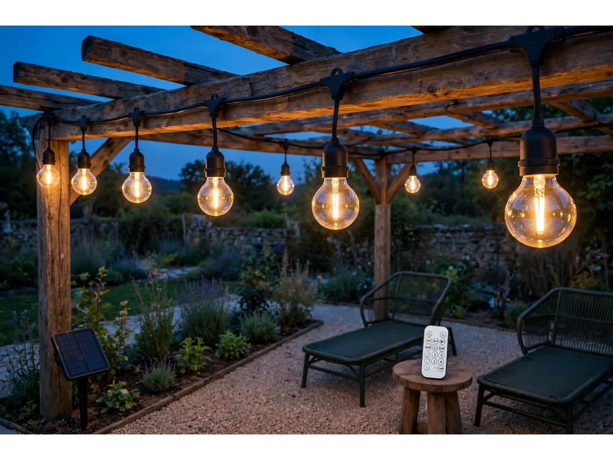 Pergola à l'heure bleue, festons de globes courant le long des poutres, panneau planté à gauche dans une bordure