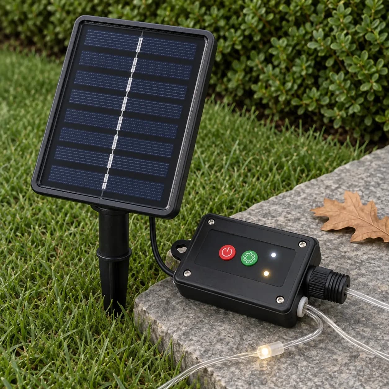 Panneau solaire sur piquet dans l'herbe et boîtier de commande à boutons rouge et vert sur une pierre