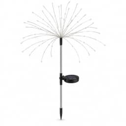 Bouquet solaire feu d'artifice sur fond blanc, tige argentée, boîtier solaire noir, corolle de brins fins