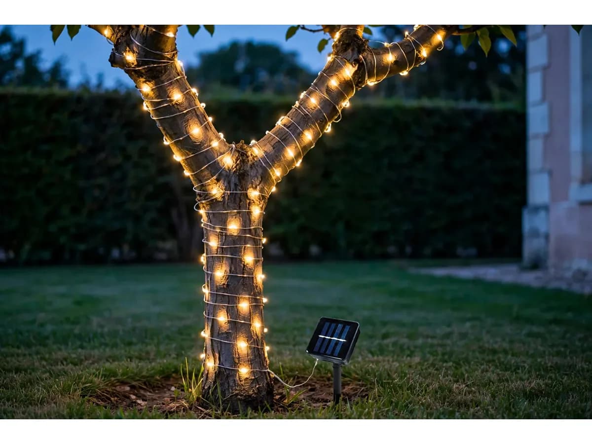 Tronc et branches enroulés de façon dense et régulière par le fil lumineux à l'heure bleue, panneau planté dans la pelouse au pied