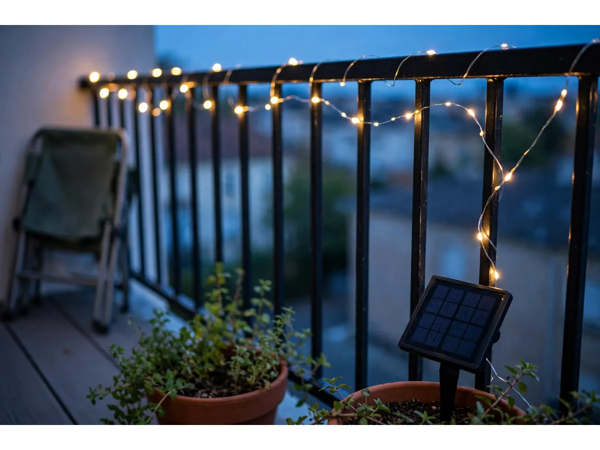 Garde-corps de balcon à l'heure bleue, fil lumineux courant le long de la rambarde, panneau planté dans un pot d'aromatiques