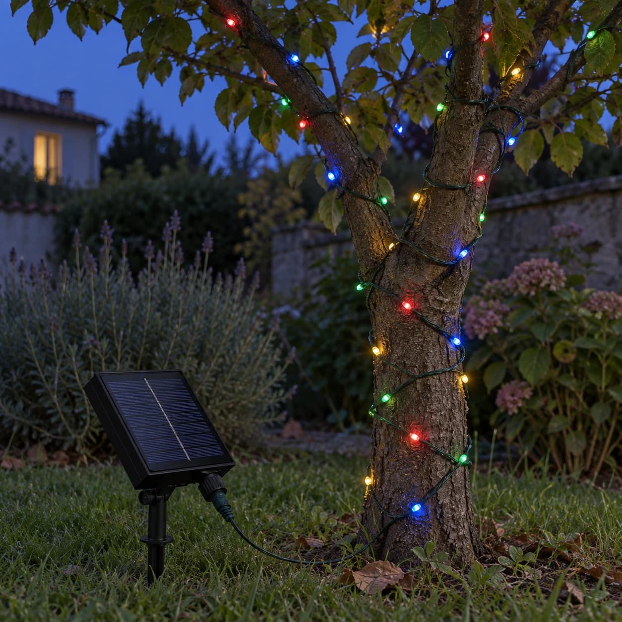 Guirlande multicolore installée dans un arbre