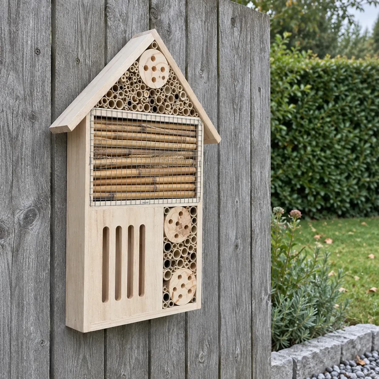 Hôtel à insectes fixé sur une clôture en planches grises, haie et pelouse en arrière-plan
